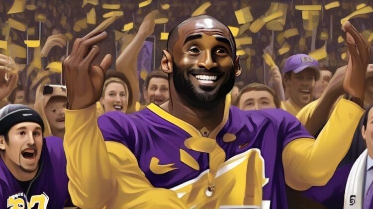 Illustration of a smiling basketball player in a purple jersey with cheering fans in a yellow background, symbolizing how advertising helps us connect with sports icons.