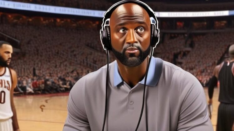 A digital illustration of a basketball coach wearing headphones with a player in the background on a basketball court, embodying life without football.