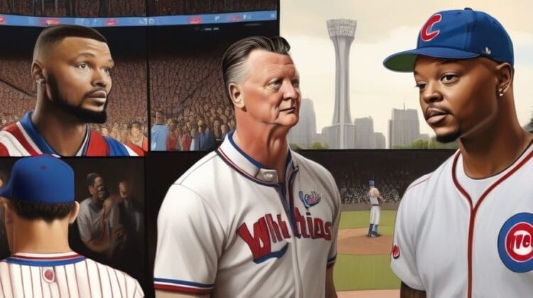 Illustration of four men in baseball uniforms representing different teams, standing in a stadium with a game in progress in the background, depicted as heroes and role models.