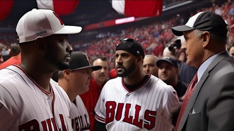 Three men in Chicago Bulls-themed apparel having a conversation on the sidelines of a sports event.