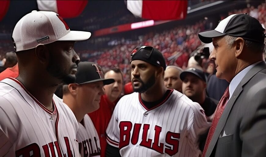 Three men in sports attire having a conversation on the sidelines of a sporting event, look like Bulls players.