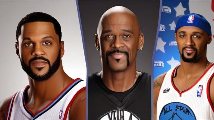 Three digital portraits showing a progression of age in a male individual, from left to right, younger to older, with basketball attire and symbols related to the all-star game.