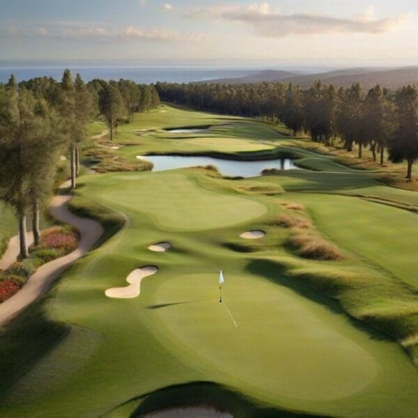 An aerial view of a golf course near the ocean, frequented by Tiger Woods.