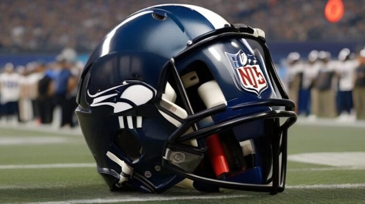 A professional American football helmet on the field with the NFL changes logo visible.