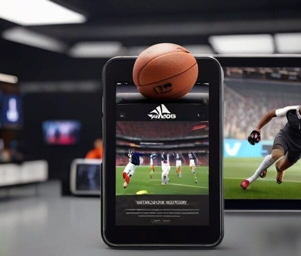 A tablet displaying a soccer game application in a modern electronics store with various screens showing an introduction to the VDG Sports show in the background.