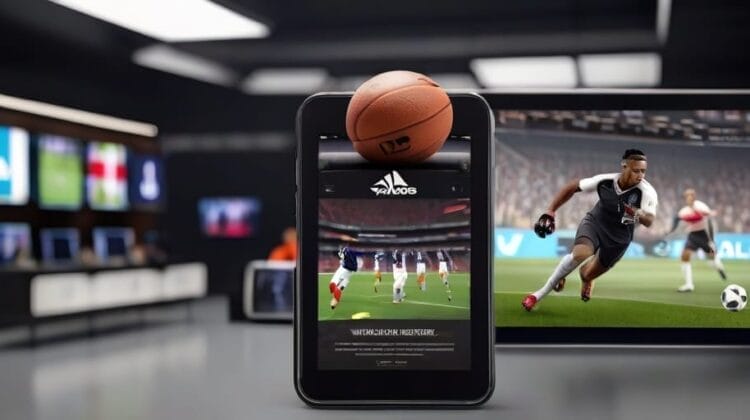 A tablet displaying a soccer game application in a modern electronics store with various screens showing an introduction to the Show Presented by VDG Sports in the background.