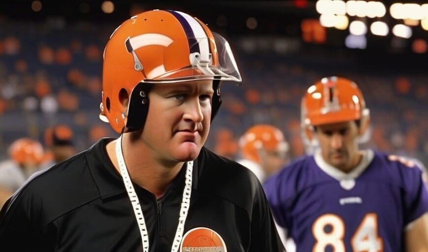 Two football players on the sport field with one in focus wearing a helmet displaying sport happiness with a grin.