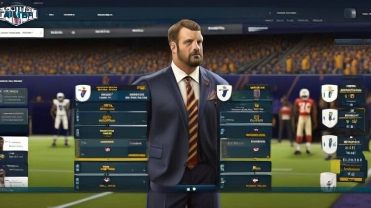 A screenshot from a sports simulation video game featuring a virtual coach in a St. Louis suit standing on a football field with various player statistics and management menus open on the screen.