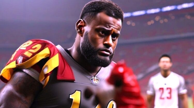 Focused NFL football player in a red and yellow uniform on the field, must play games.