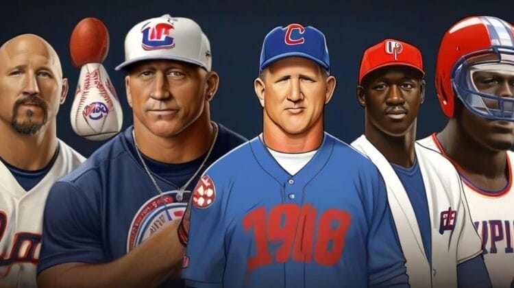 Digital artwork of four male baseball players from different teams, sporting jerseys and caps, with a baseball hovering on the left side as it upsets the usual dynamic because upsets push UFC