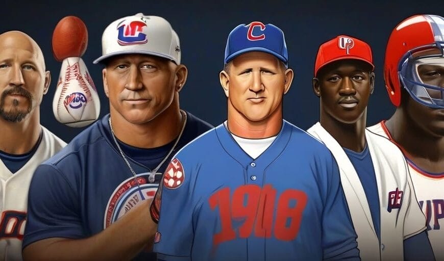 Digital artwork of four male baseball players from different teams, sporting jerseys and caps, with a baseball hovering on the left side as it upsets the usual dynamic.