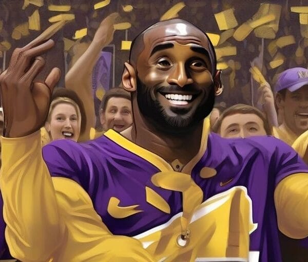 Illustration of a smiling basketball player in a purple jersey with cheering fans in a yellow background, symbolizing how advertising helps us connect with sports icons.