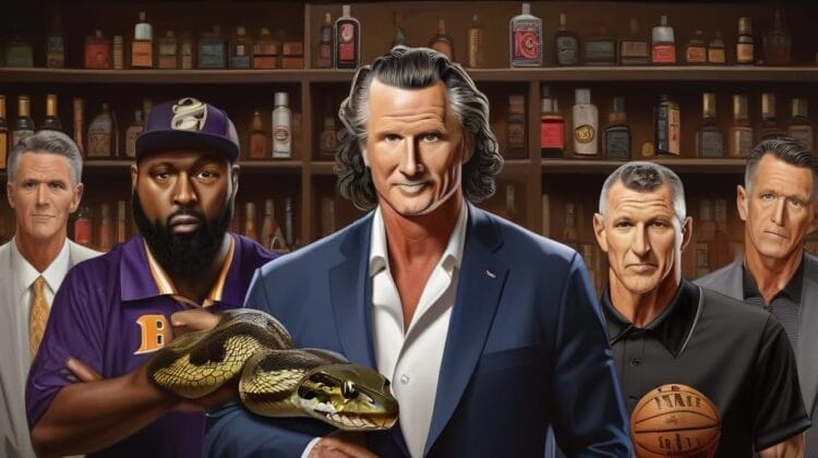 Illustration of five animated sport experts in a bar, one holding a snake, with shelves of liquor bottles in the background.