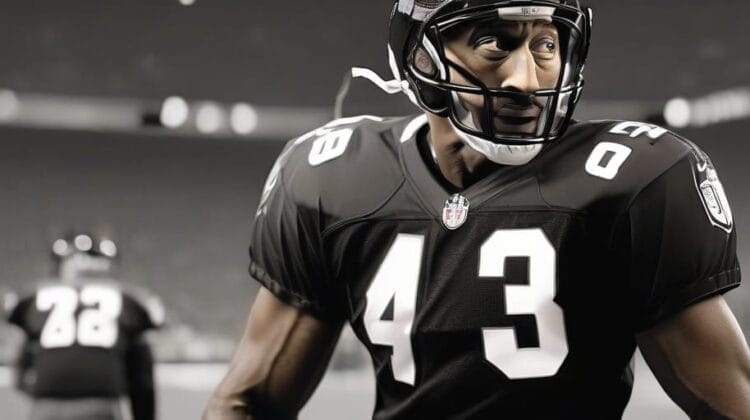 NFL African American football player wearing a black and silver uniform numbered 43, with a focused expression, standing on a stadium field that NFL burnt down