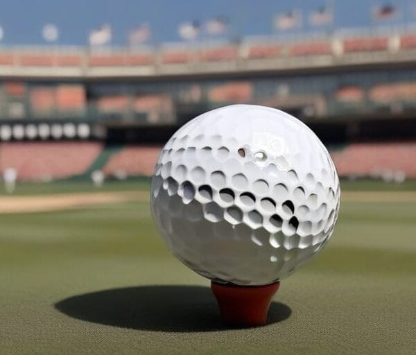 A close-up of a golf ball on a tee at a stadium with empty spectator seats in the background, symbolizing the quiet before potential job offers are announced.