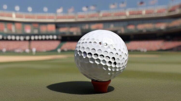 A close-up of a golf ball on a tee at a stadium with empty spectator seats in the background, symbolizing the quiet before potential job offers are announced.