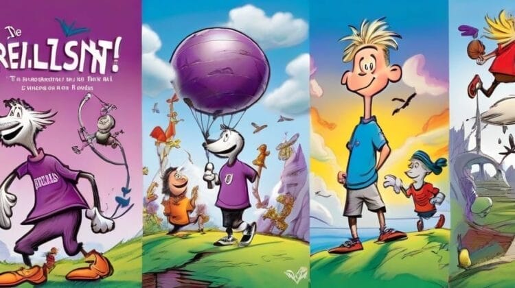 A colorful comic strip featuring three separate panels with exaggerated cartoon characters playing soccer, with the middle panel showing a boy inflating a soccer ball to an enormous size alongside green eggs.
