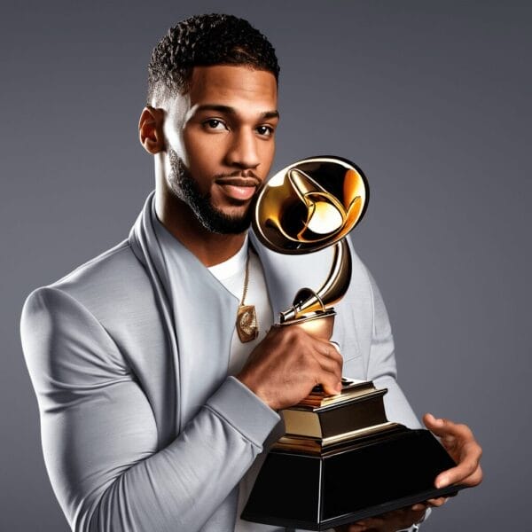 A defiant man holding a trophy, dressed in a stylish gray suit, poses against a gray background. an NBA player holding a Grammy