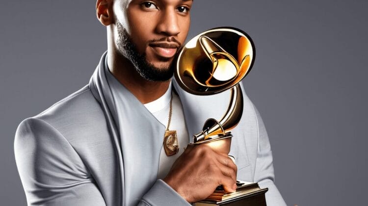 A defiant man holding a trophy, dressed in a stylish gray suit, poses against a gray background. a battle NBA 