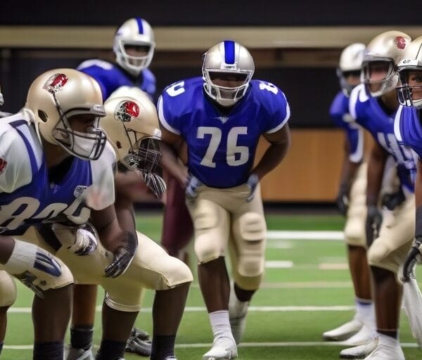 Two American football teams line up against each other on an all-indoor field, with players in ready stances, focusing intently before the play.