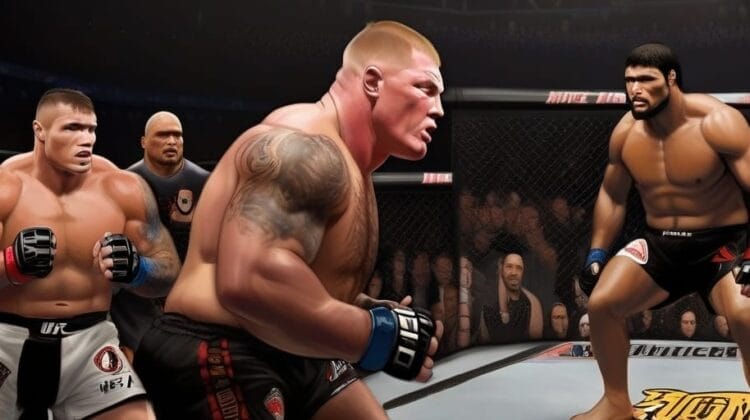 Three of the best MMA fighters in a cage, two engaged in combat while a third watches, with an animated crowd in the background.