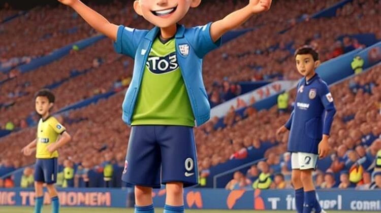 A cheerful animated character playing football in a stadium with fans and teammates in the background.