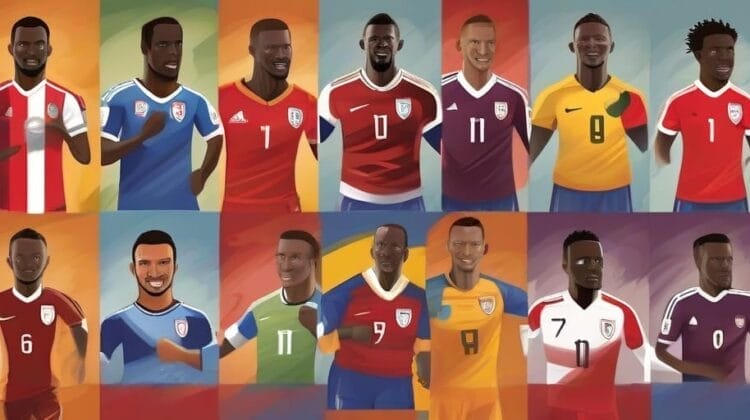 A collage of illustrations featuring football players in greater than international team jerseys.
