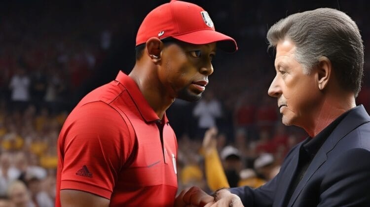 Two men, one in a red shirt and cap and the other in a gray suit, shaking hands and conversing at a sports event inspired by a true story.