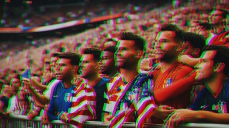 A group of enthusiastic soccer fans, staying focused on the action, wear team colors and hold flags as they watch a game in the crowded stadium.