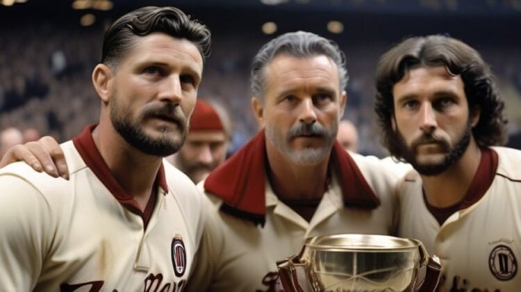 Three wax figures of male football players from AC Milan, dressed in vintage uniforms, posing with a trophy, embodying historical sport facts.
