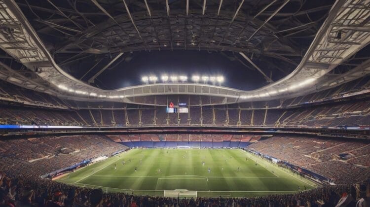 A wide-angle view captures a large, illuminated football stadium during a night match. With your time invested in the game, few spectators are visible in the stands, adding an intimate touch to this grand arena experience.