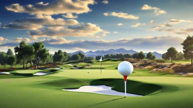 A golf course with sand traps and flagsticks showcases baggy greens, while a large golf ball rests on a tee under a partly cloudy sky, framed by distant mountains.