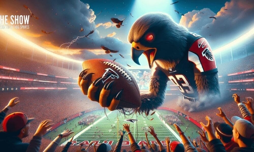 A giant eagle, adored by Falcons fans, proudly wears a football jersey as it grips a ball in a stadium filled with cheering supporters.