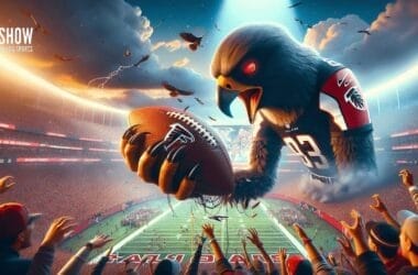 A giant eagle, adored by Falcons fans, proudly wears a football jersey as it grips a ball in a stadium filled with cheering supporters.