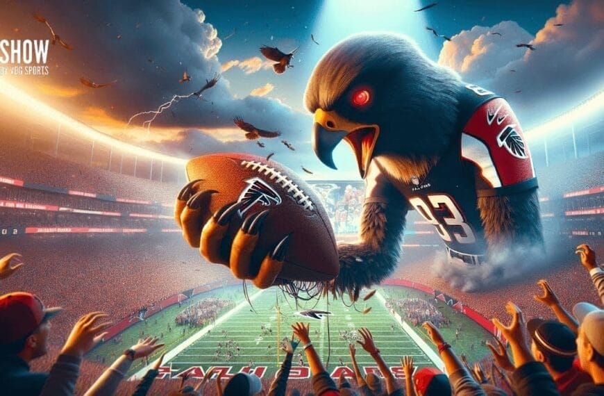 A giant eagle, adored by Falcons fans, proudly wears a football jersey as it grips a ball in a stadium filled with cheering supporters.