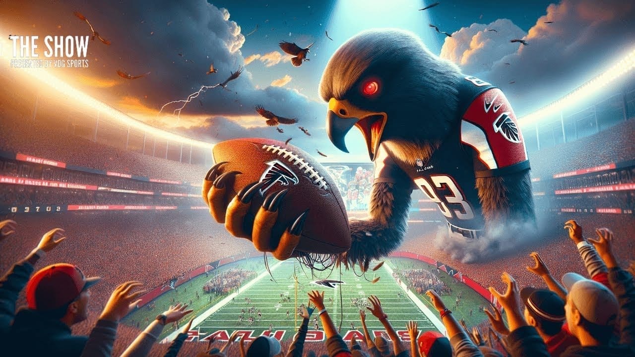 A giant eagle, adored by Falcons fans, proudly wears a football jersey as it grips a ball in a stadium filled with cheering supporters.