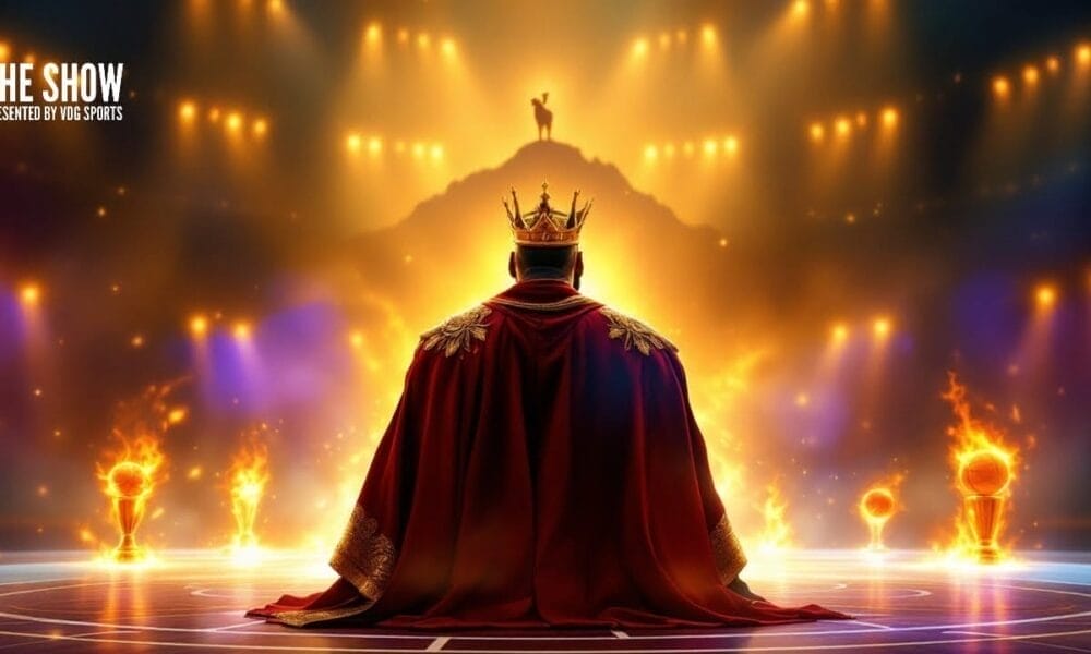 A crowned figure in regal attire stands before a grand stage, bright lights illuminating fiery elements that echo the electrifying energy of the world of NBA.