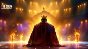 A crowned figure in regal attire stands before a grand stage, bright lights illuminating fiery elements that echo the electrifying energy of the world of NBA.