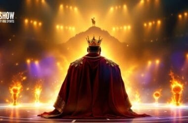 A crowned figure in regal attire stands before a grand stage, bright lights illuminating fiery elements that echo the electrifying energy of the world of NBA.