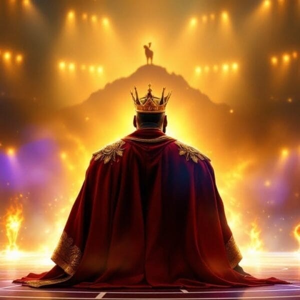 A crowned figure in regal attire stands before a grand stage, bright lights illuminating fiery elements that echo the electrifying energy of the world of NBA.