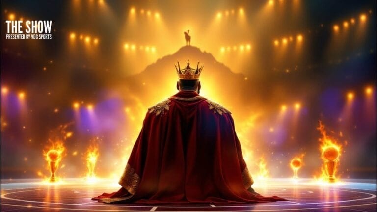 A crowned figure in regal attire stands before a grand stage, bright lights illuminating fiery elements that echo the electrifying energy of the world of NBA.