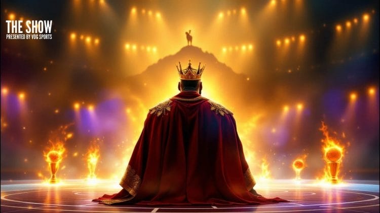 A crowned figure in regal attire stands before a grand stage, bright lights illuminating fiery elements that echo the electrifying energy of the world of NBA.
