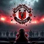 A person sits with their head in hands in a stadium, facing the Manchester United logo, perhaps pondering the decisions made during Ed Woodward's tenure.