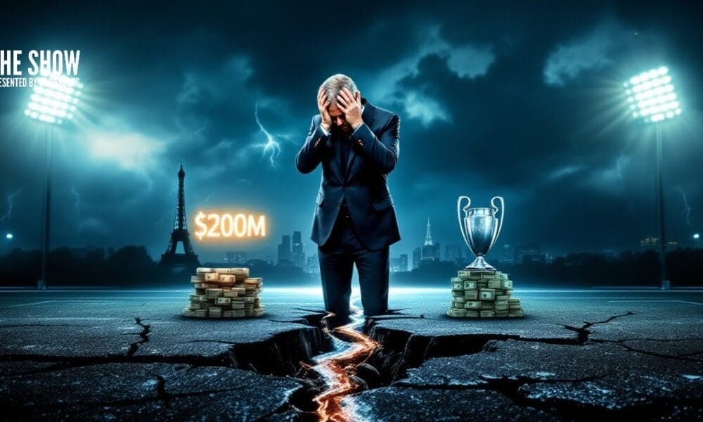 A man in a suit stands on a cracked road between trophy and cash piles, with the cityscape and Eiffel Tower in the background, hinting at the opulence often associated with PSG's triumphs.