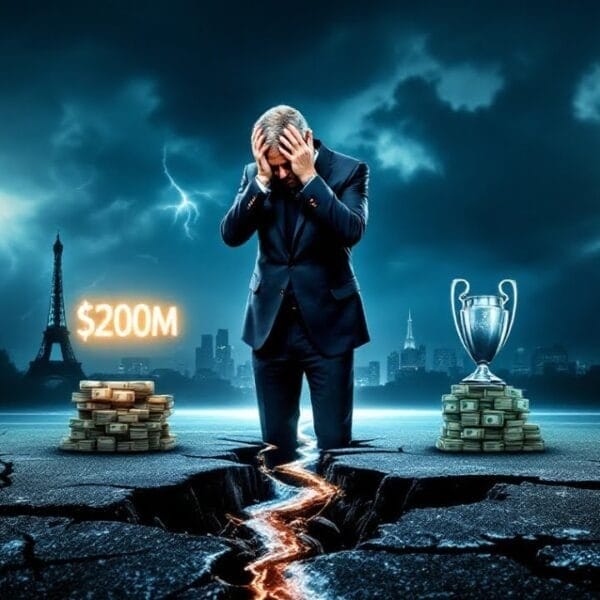 A man in a suit stands on a cracked road between trophy and cash piles, with the cityscape and Eiffel Tower in the background, hinting at the opulence often associated with PSG's triumphs.