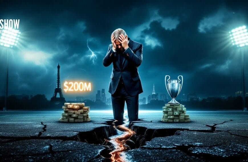 A man in a suit stands on a cracked road between trophy and cash piles, with the cityscape and Eiffel Tower in the background, hinting at the opulence often associated with PSG's triumphs.