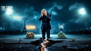 A man in a suit stands on a cracked road between trophy and cash piles, with the cityscape and Eiffel Tower in the background, hinting at the opulence often associated with PSG's triumphs.
