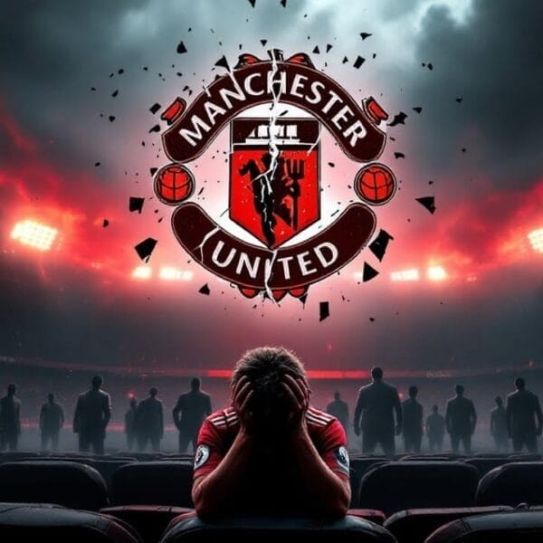 A person sits with their head in hands in a stadium, facing the Manchester United logo, perhaps pondering the decisions made during Ed Woodward's tenure.