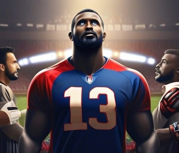 Illustration of five animated football players from Super Teams on the field, with a central character in jersey number 13 looking confidently forward. Are you a fan?