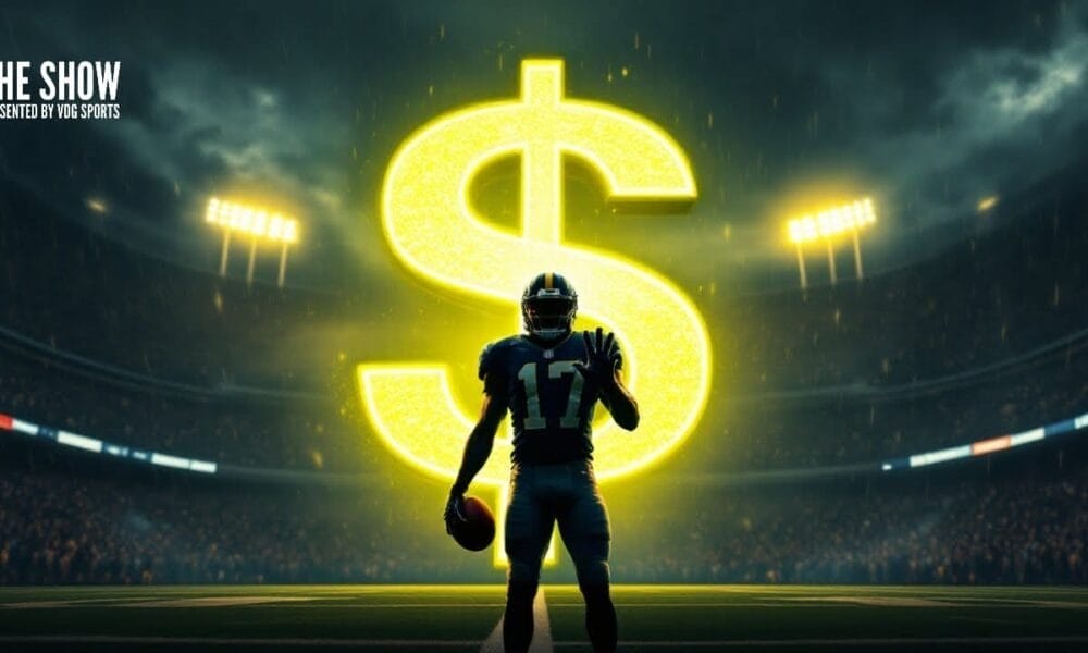 Football player holding a ball, standing in front of a large glowing dollar sign in a stadium, all while championing player safety.